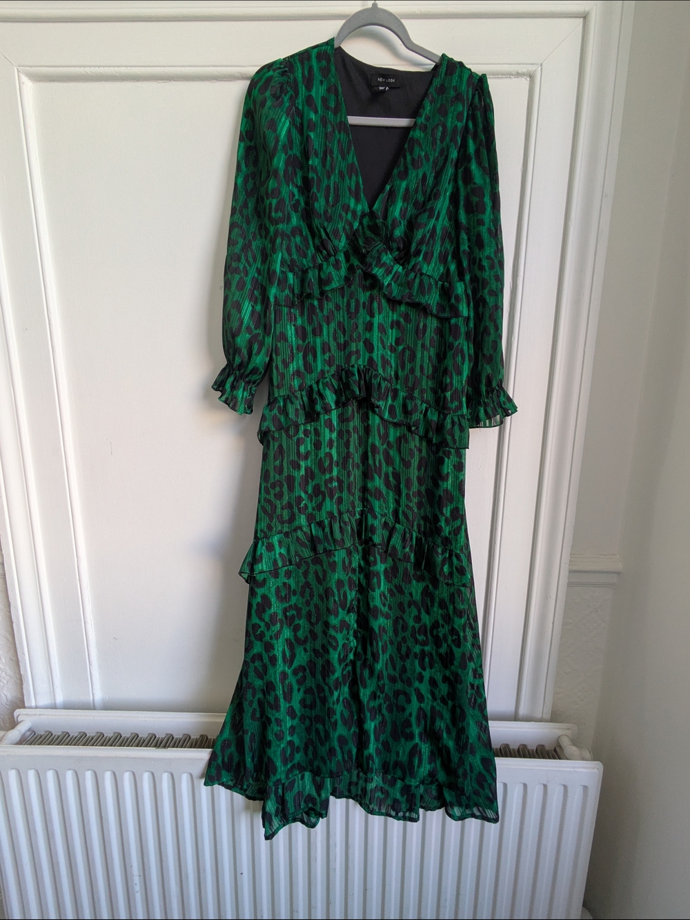 Green Leopard Print V-Neck Tiered Maxi Dress